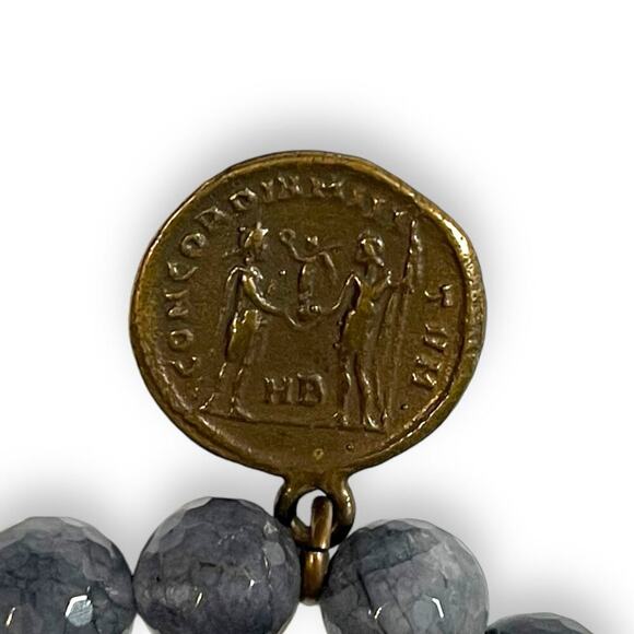 Gemstone Stretch Bracelet Womens Faux Coin Blue Slate Boho Hippie Artsy - Picture 7 of 10